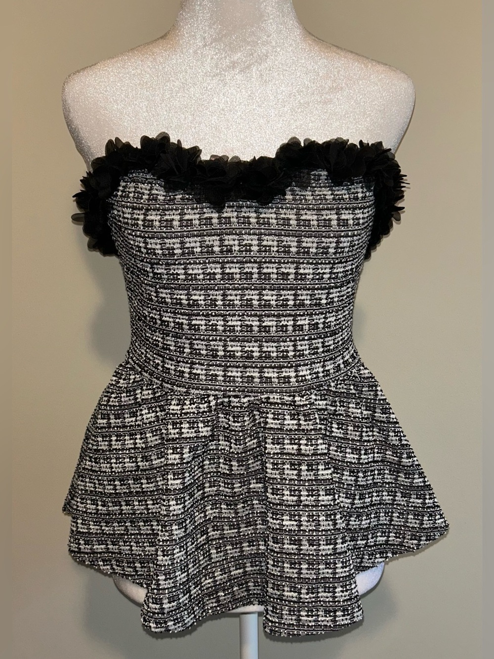 Women’s Tweed Strapless Peplum Top with Floral Trim